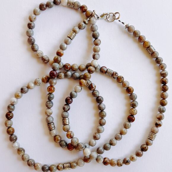 VTG Extra Long Jasper Beaded Necklace Boho Natural Stone Barrel Spacers 50", Y2K - Picture 6 of 10